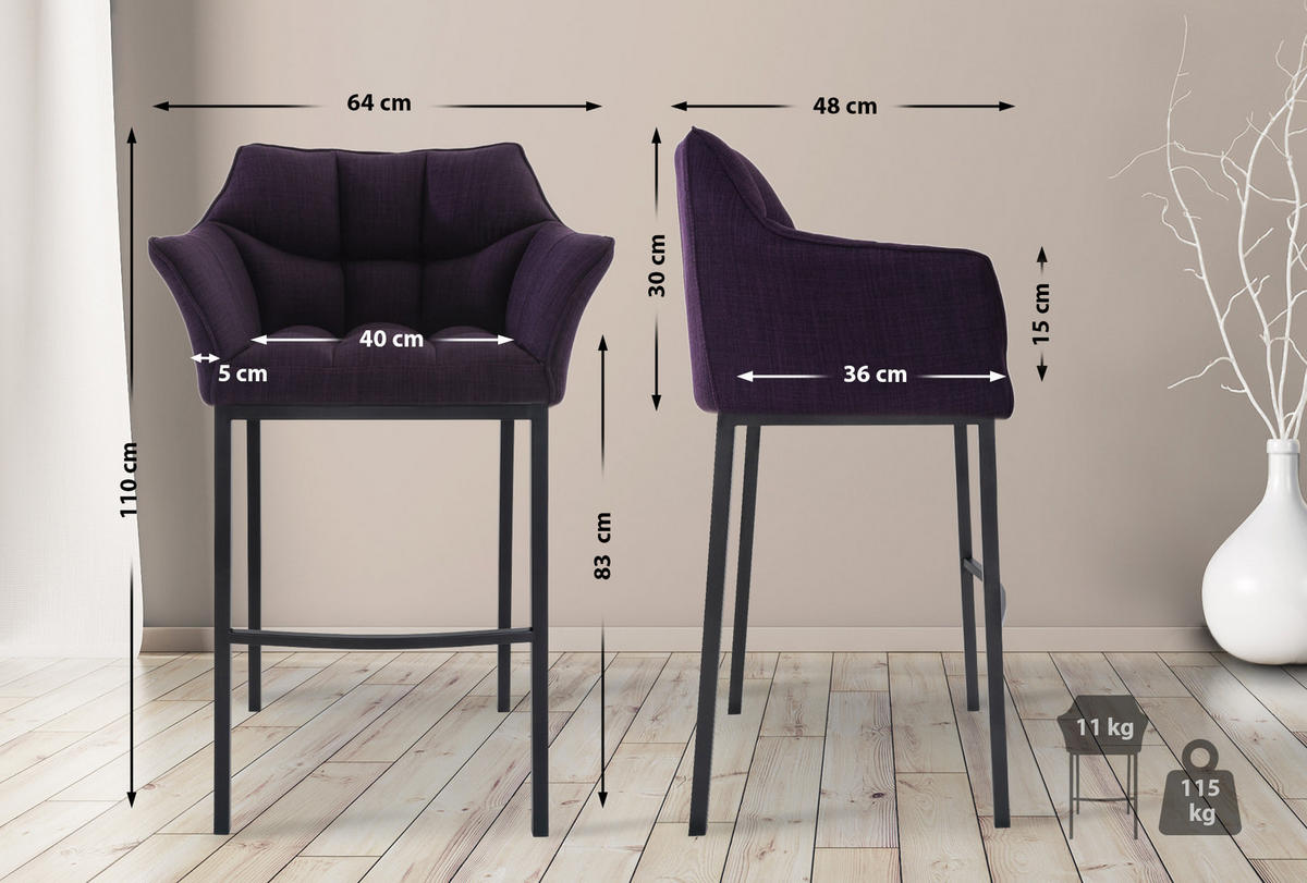 BARHOCKER 2er Set Stoff Lila - Lila/Schwarz, Textil/Metall (64/110/48cm) - CLP