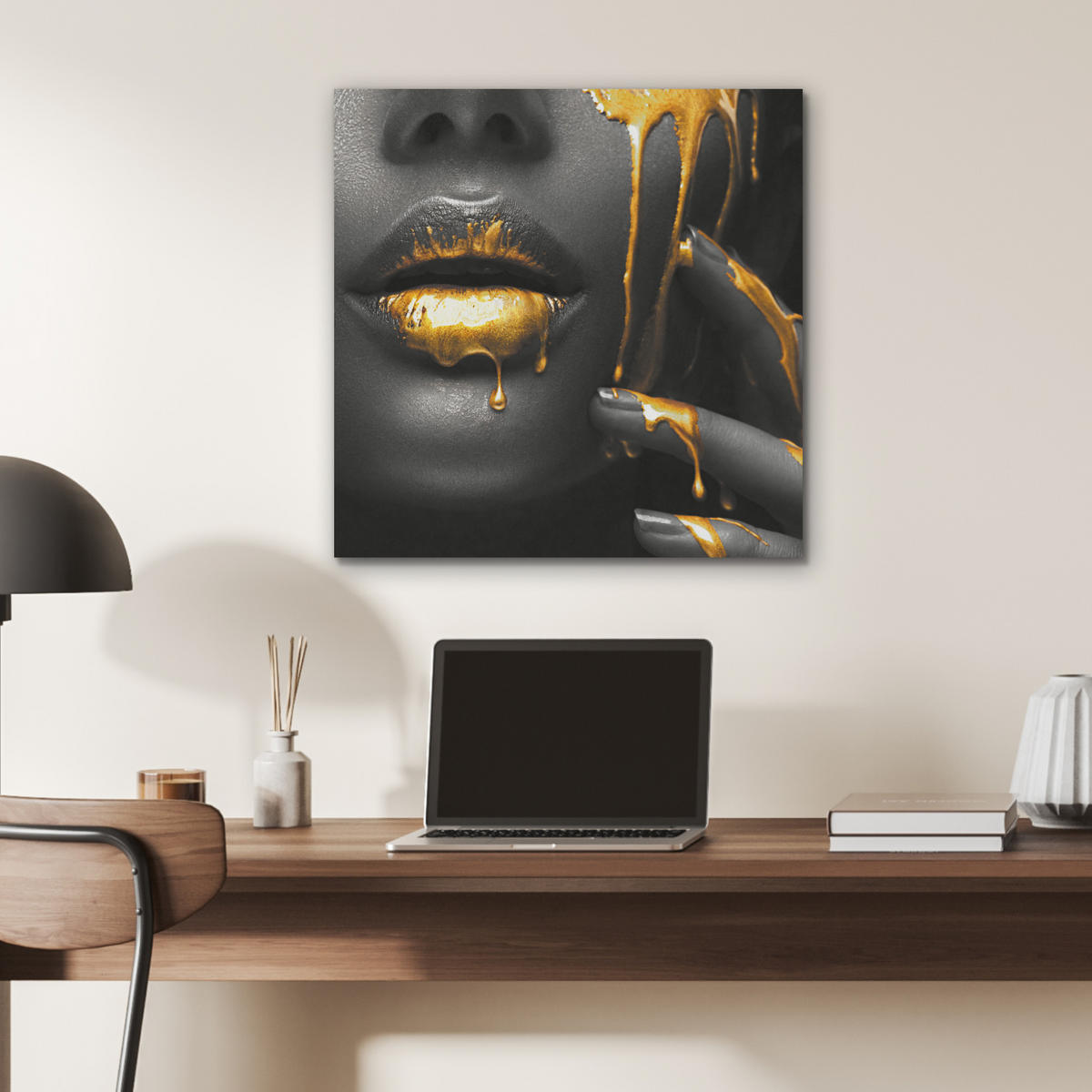 AKUSTIKBILD Frau - Schwarz - Gold - Gesicht - Lippen Wandbilder 60x60 cm - Goldfarben, Kunststoff (60/60/0.9cm) - MuchoWow