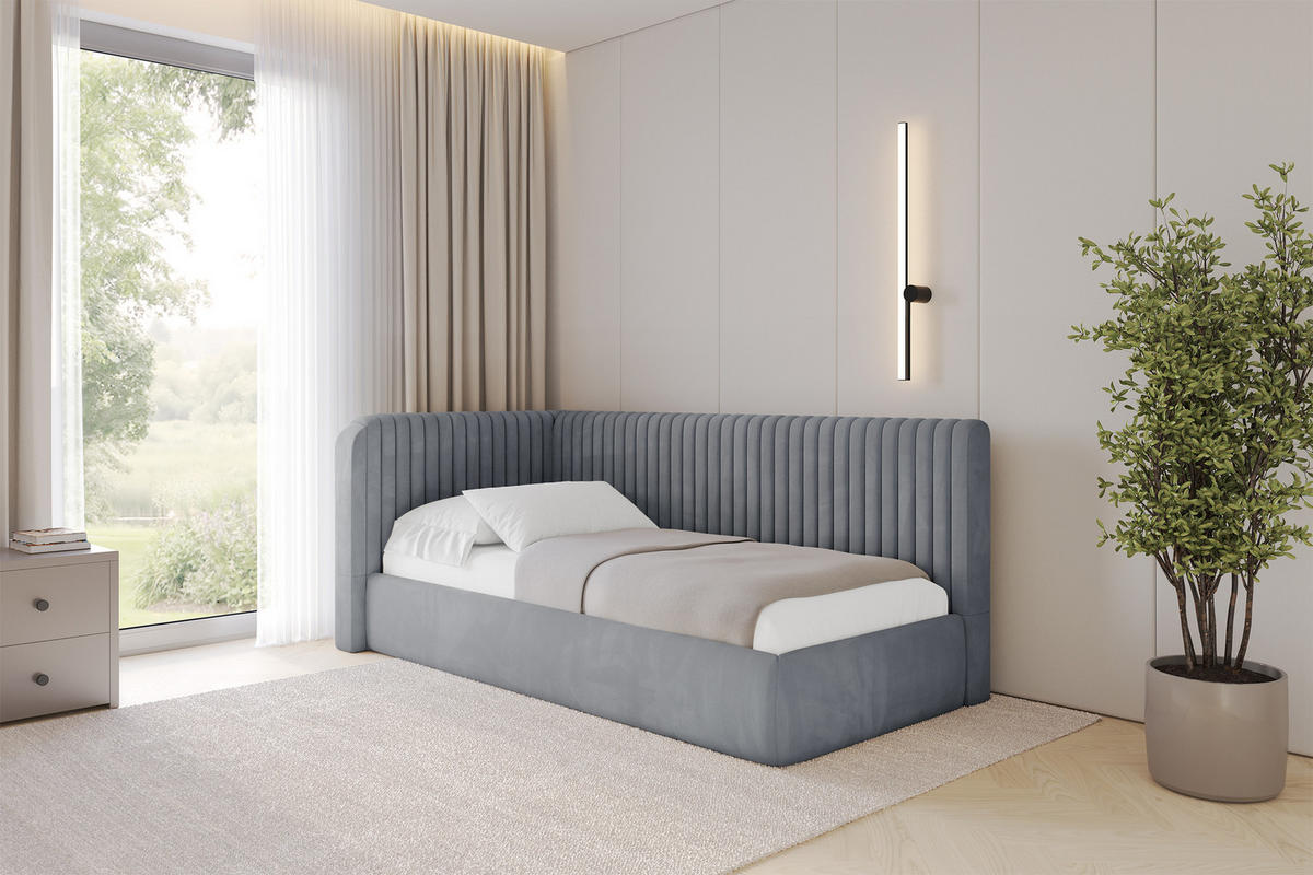 EINZELLBETT Jugendbett mit Bettkasten und Matratze H3/H4, Rechts - AURY 80x200 Grau - Blaugrau, Holzwerkstoff/Textil (80/200cm) - ALTDECOR