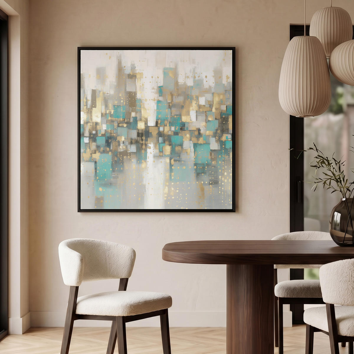 LEINWAND Bilder mit Rahmen - Abstrakt - Blöcke - Gold - Skyline - 90x90 - Beige, Textil (90/90cm) - MuchoWow