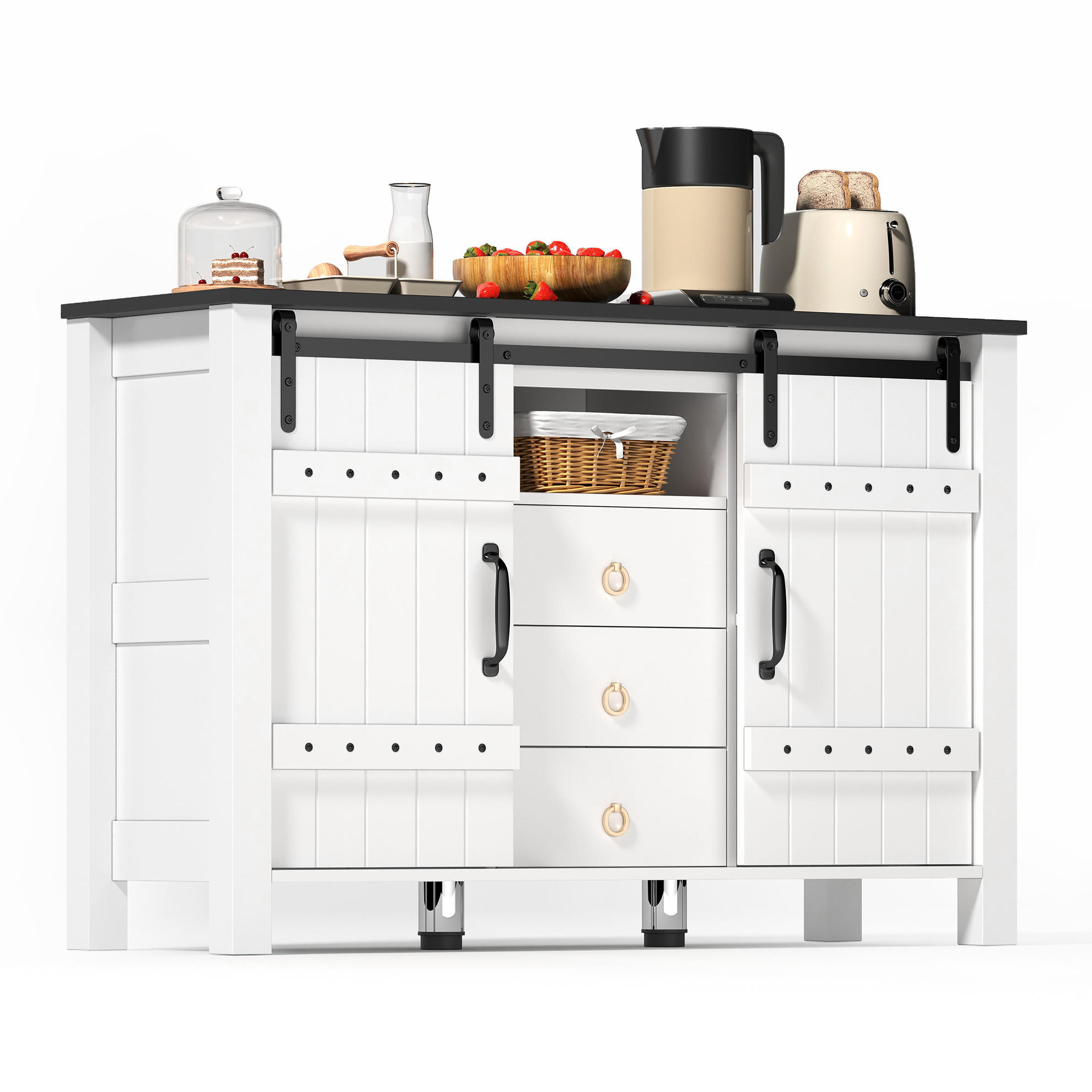 SIDEBOARD mit Schiebetüren und 3 Schubladen 120 cm MDF Weiß - Weiß, Holzwerkstoff (120/80/40cm) - Meubliv