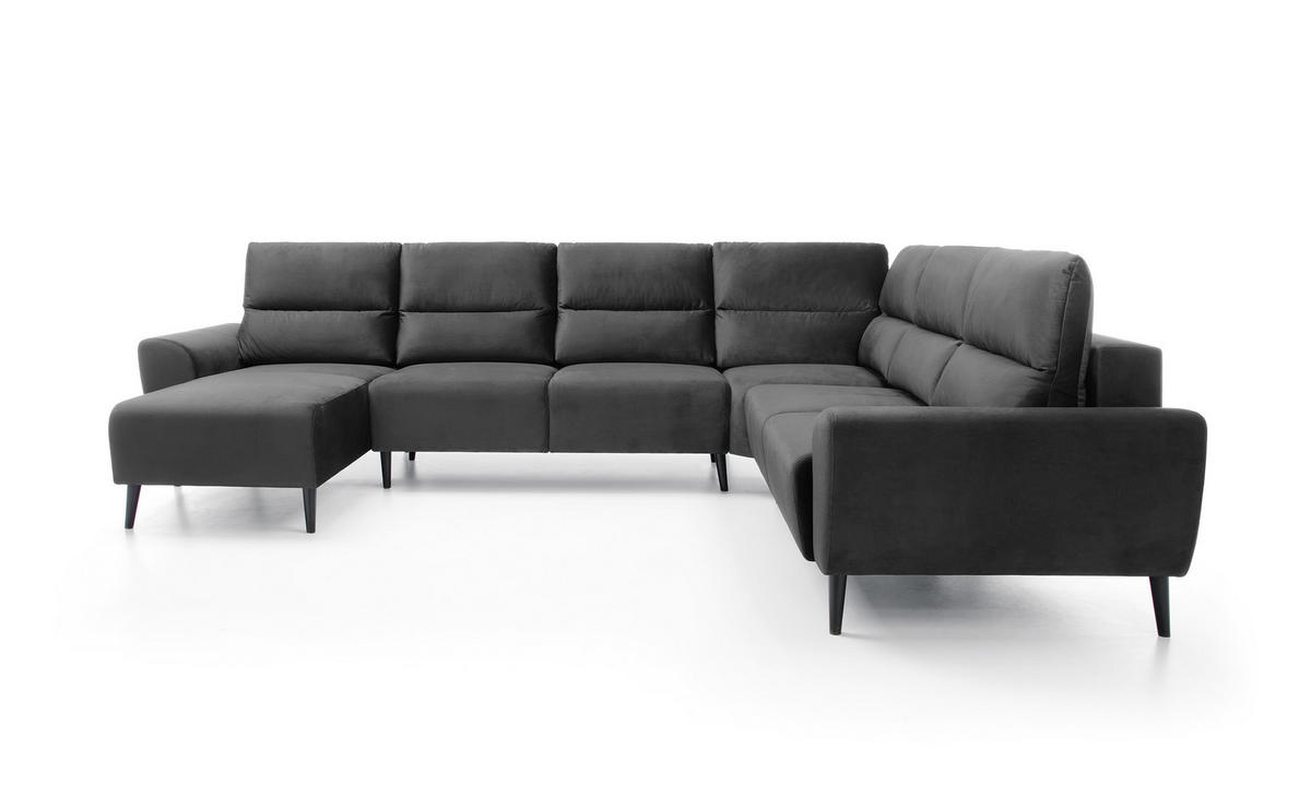 ECKSOFA BOSCO U-Form, Monolith-Stoff, Freistehend, mit verstellbaren Kopfstützen, Sofa für Familien, Größe: 340x270x98cm, Farbe: Grau - Grau, Holz/Textil (270/340cm) - DomoHome