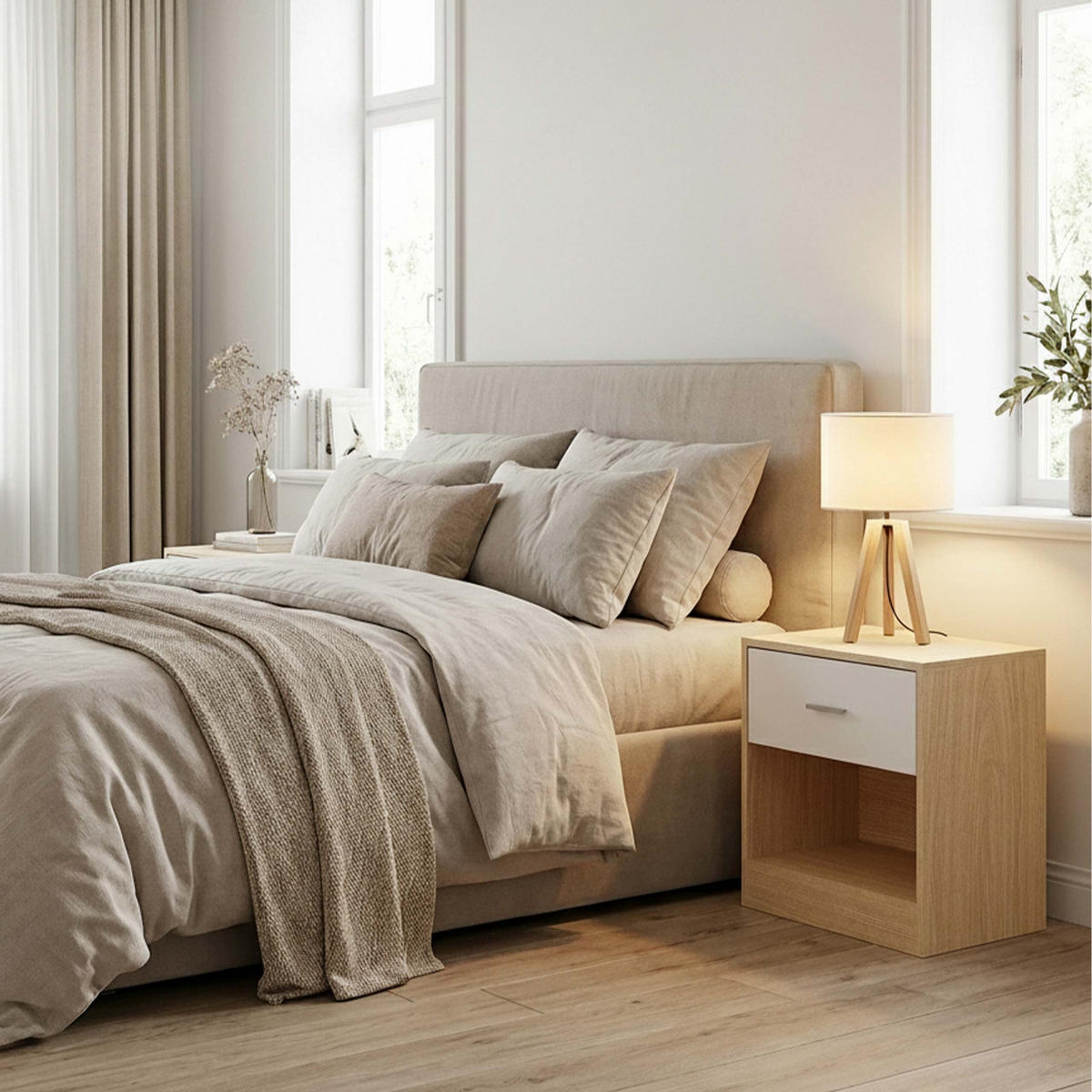 NOČNÝ STOLÍK Dekor drevo biely 2-ks-set so zásuvkou - svetlohnedá, kompozitné drevo (39/41/28cm) - Relaxdays