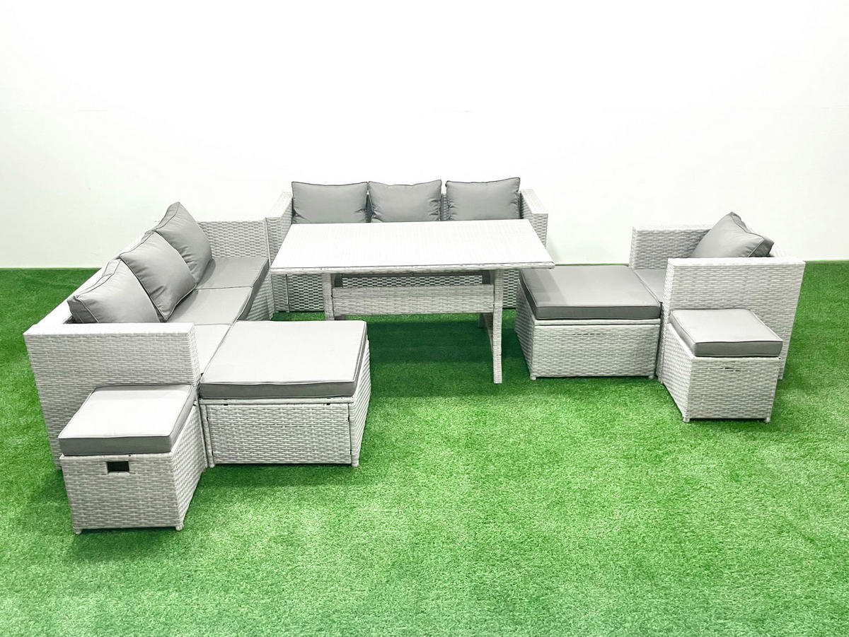 GARTENSET mit Esstisch,Sofa,4 Fußhocker,Stuhl Polyrattan Hellgrau 11-Sitzer - Hellgrau/Grau, Glas/Kunststoff - Fimous