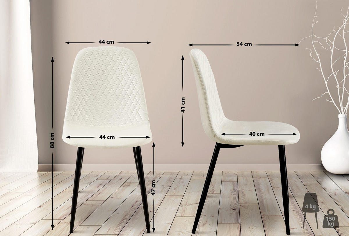 STUHL Samt Cremeweiß - Schwarz/Weiß, Textil/Metall (44/88/54cm) - CLP