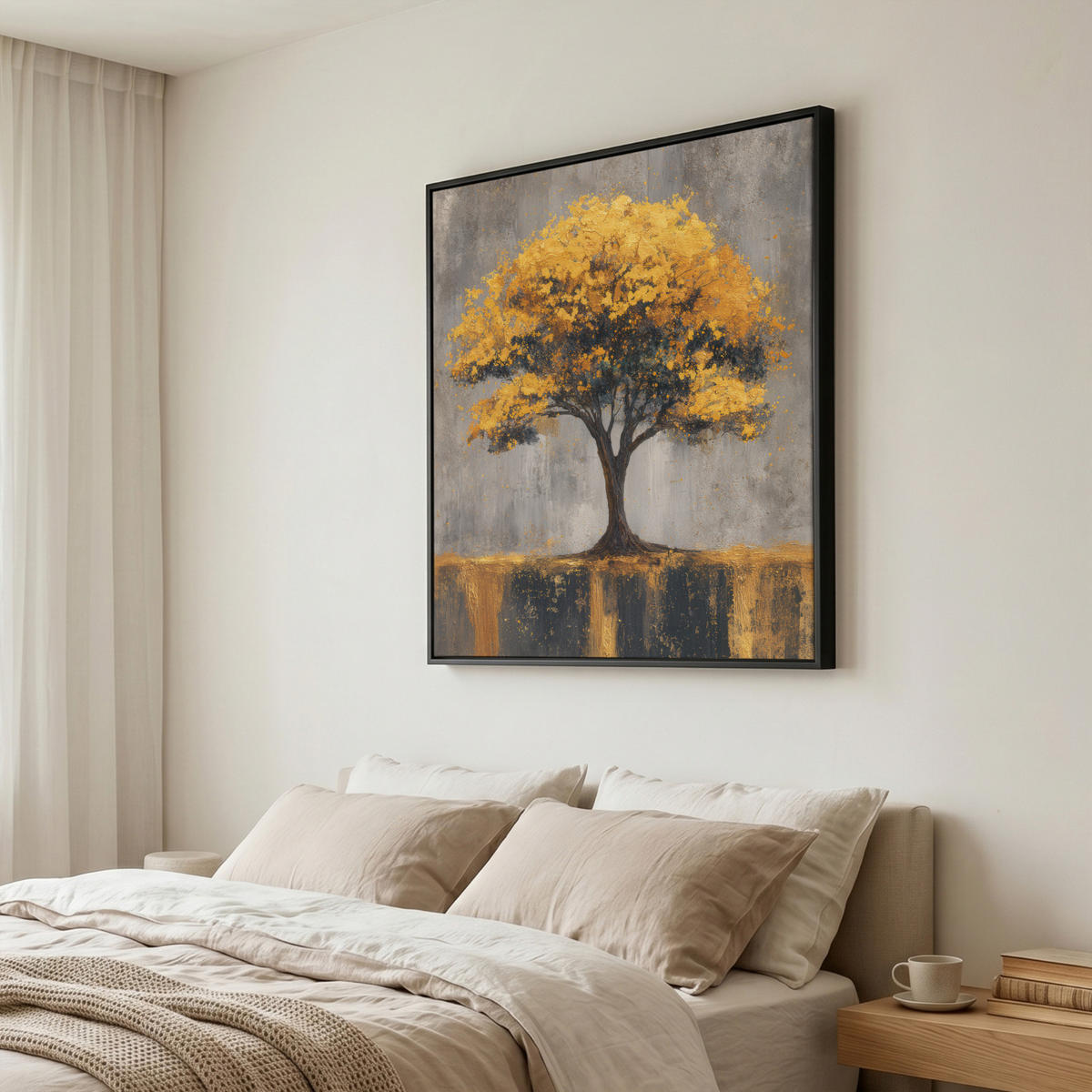LEINWAND Bilder mit Rahmen - Baum - Blätter - Gold - Abstrakt - 90x90 - Grau, Textil (90/90cm) - MuchoWow