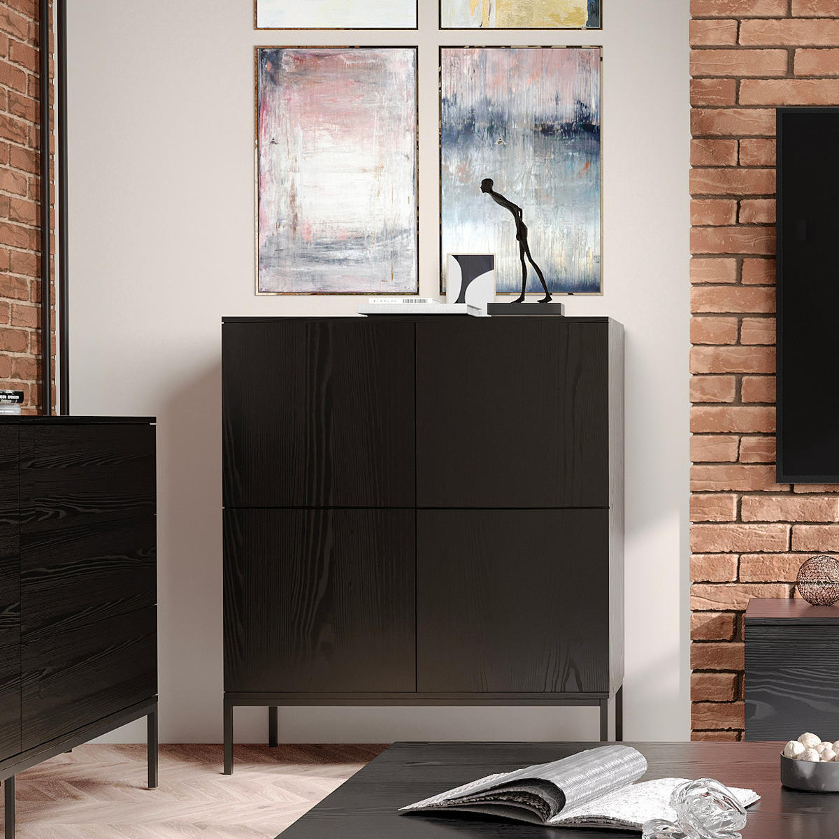 KOMMODE Induro Schwarz, Viertürig mit Metal Beine - Schwarz, Holzwerkstoff/Metall (100/120/41cm) - Bettso