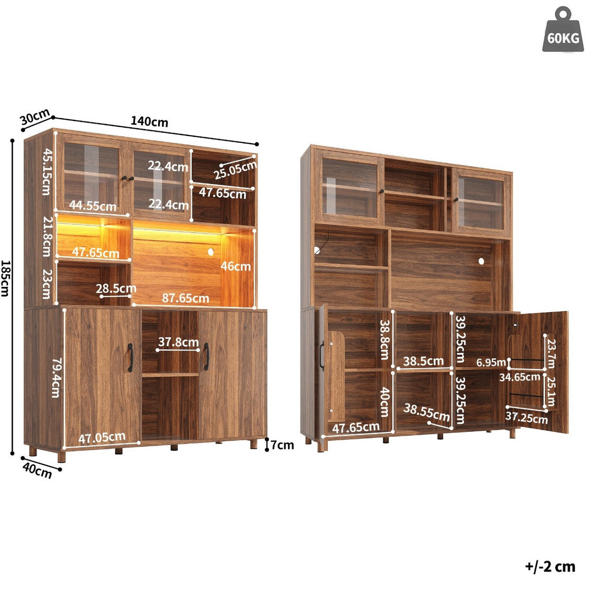 ANRICHTE Hochschrank 140/40/185 cm aus MDF und Glas mit LED-Beleuchtung und Schiebetüren Walnussbraun - Braun, Holzwerkstoff (140/185/40cm) - Modenvie