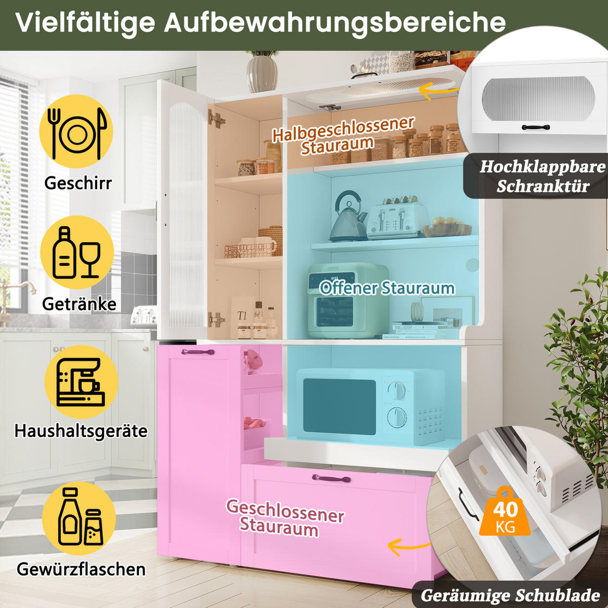 HIGHBOARD 98/40/177 cm mit Riffelglas, Schublade und offenen Fächern - Weiß, Holzwerkstoff (98/177/40cm) - BEAOK