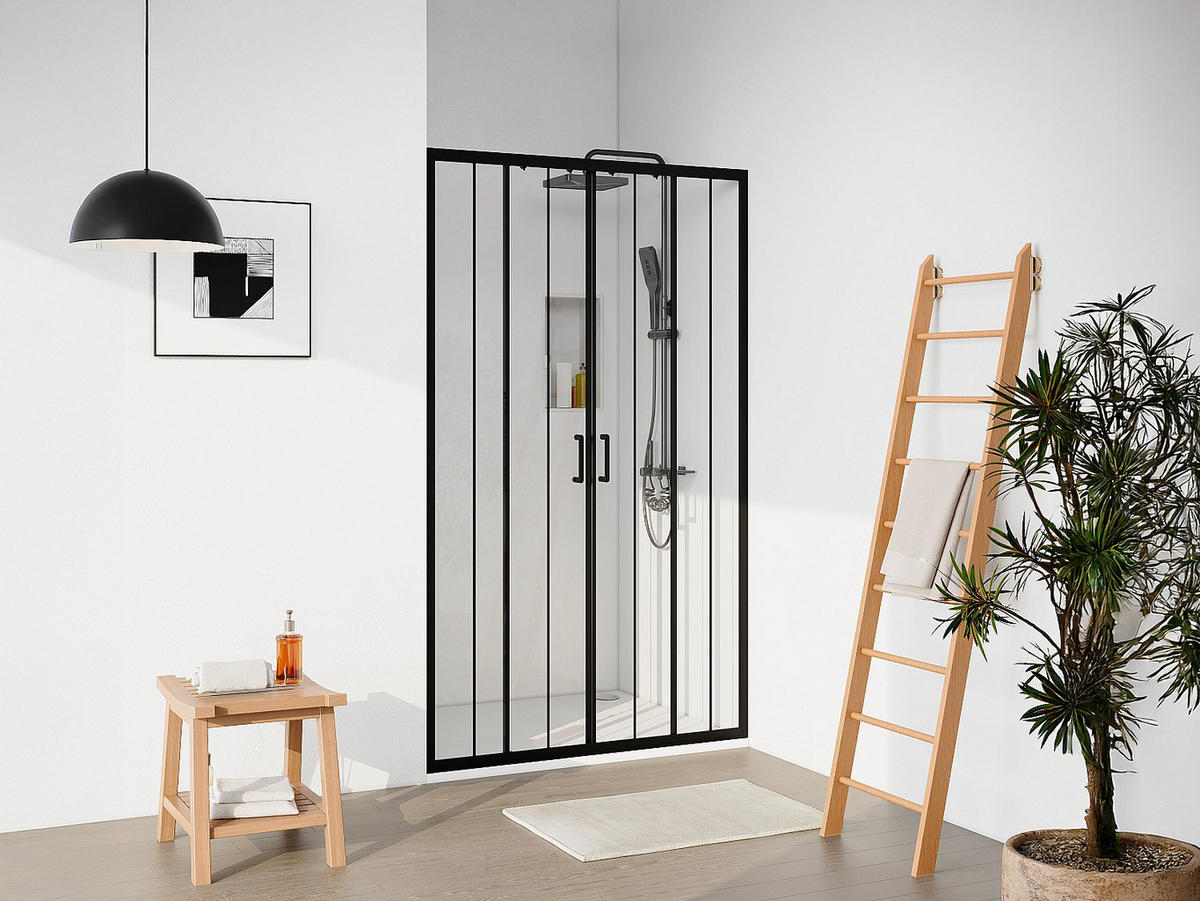 DUSCHTÜR Schiebetür doppelt - Metall matt Schwarz - Glas kalkabweisend - 120 x 195 cm - BAVIODA - Schwarz, Metall (120/195cm) - Vente-Unique