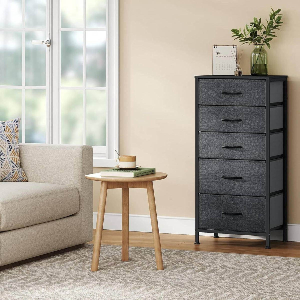 KOMMODE mit 5 Schubladen, aus Holzwerkstoff, Schwarz + Dunkelgrau - Dunkelgrau/Schwarz, Holzwerkstoff/Textil (45.5/95.5/30cm) - Woltu