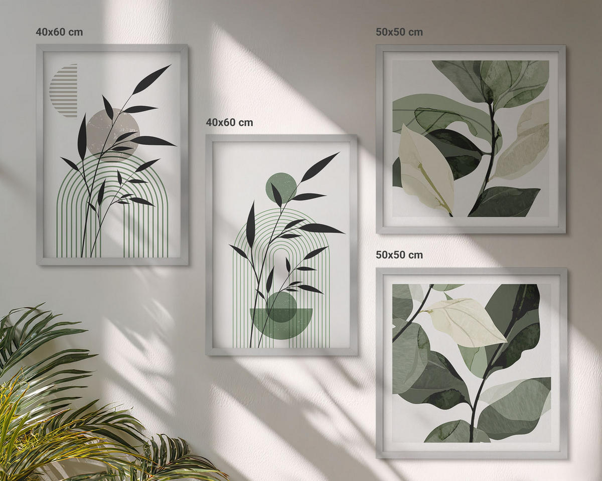 BILDER SET 4er Set - 50x50 cm & 40x60 cm Silberner Rahmen - Boho-Pflanzenkompositionen - Silberfarben, Kunststoff (50/50cm) - TULUP