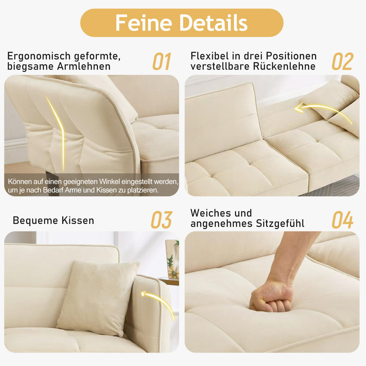 SCHLAFSOFA aus Samtstoff Beige mit verstellbaren Rückenlehnen, klappbaren Armlehnen und Schlaffunktion - Beige, Kunststoff (176/76/78cm) - Modfu
