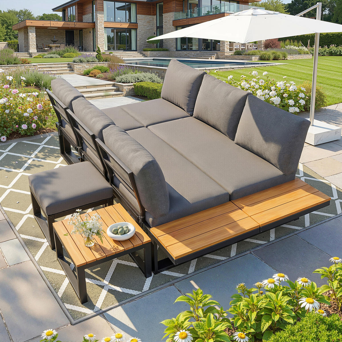 GARTENLOUNGE 6tlg Grau Beige Ecksofa Tisch Hocker verstellbar - Grau, Metall - FLIEKS