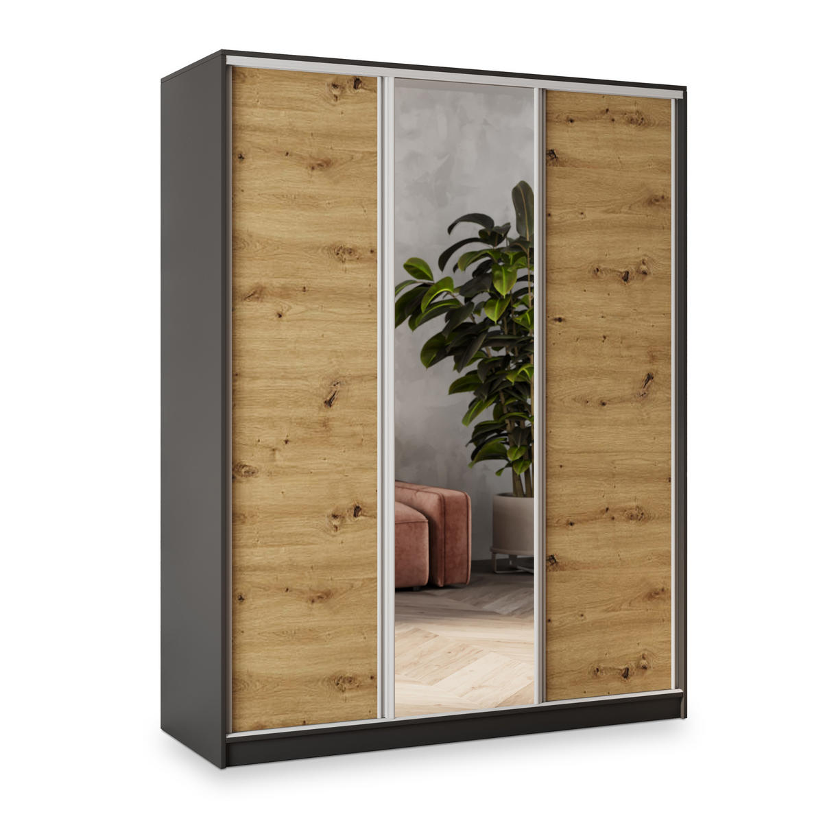SCHWEBETÜRENSCHRANK SORE 150/205/58 cm 3-türig mit Spiegel und Schubladen Schwarz / Eiche Artisan - Silberfarben/Schwarz, Holzwerkstoff (150/205/58cm) - MASSENO