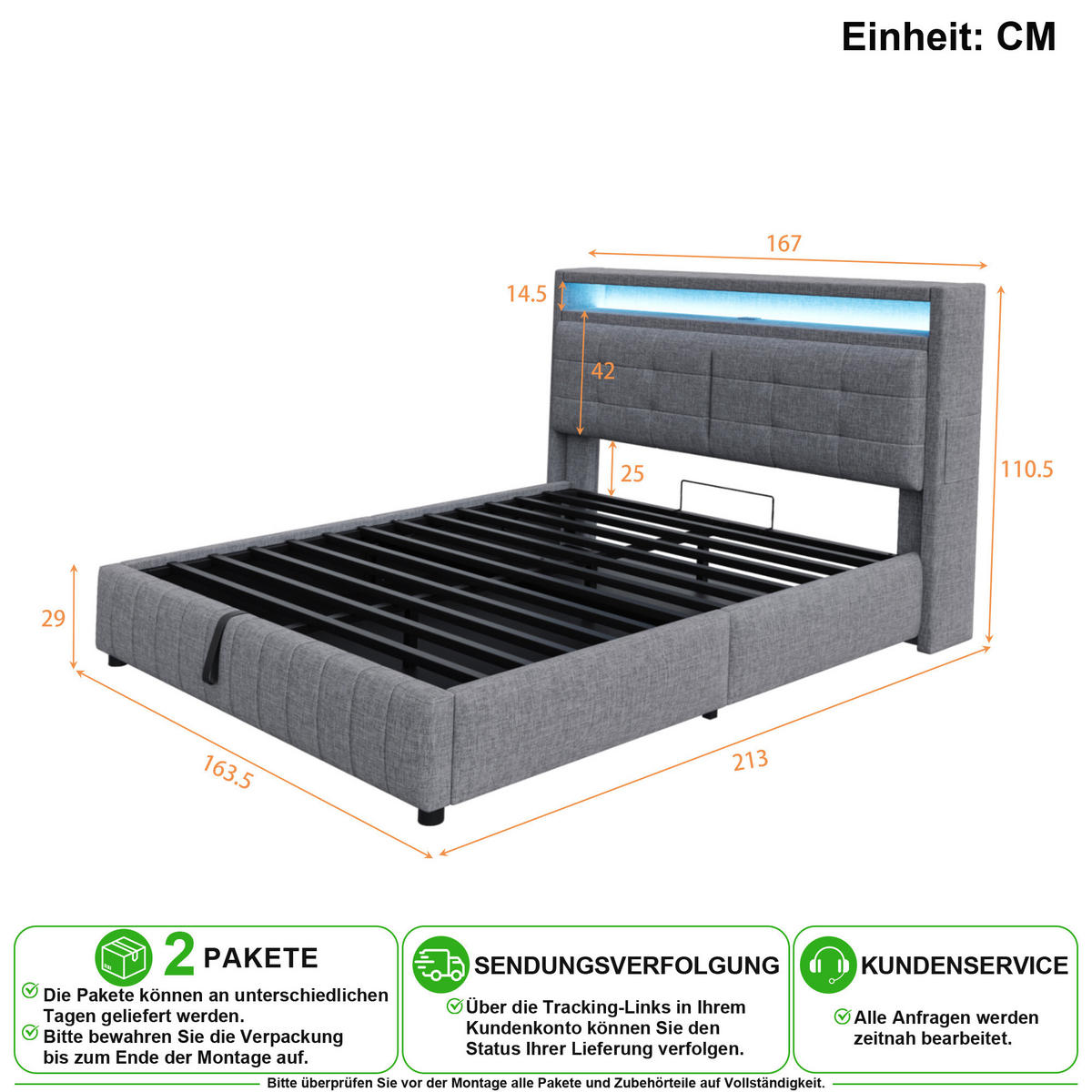 POLSTERBETT 160/200 cm in Grau mit LED, USB, Regal und Bettkasten Leinenstoff - Grau, Holzwerkstoff/Textil (160/200cm) - CHICFURN