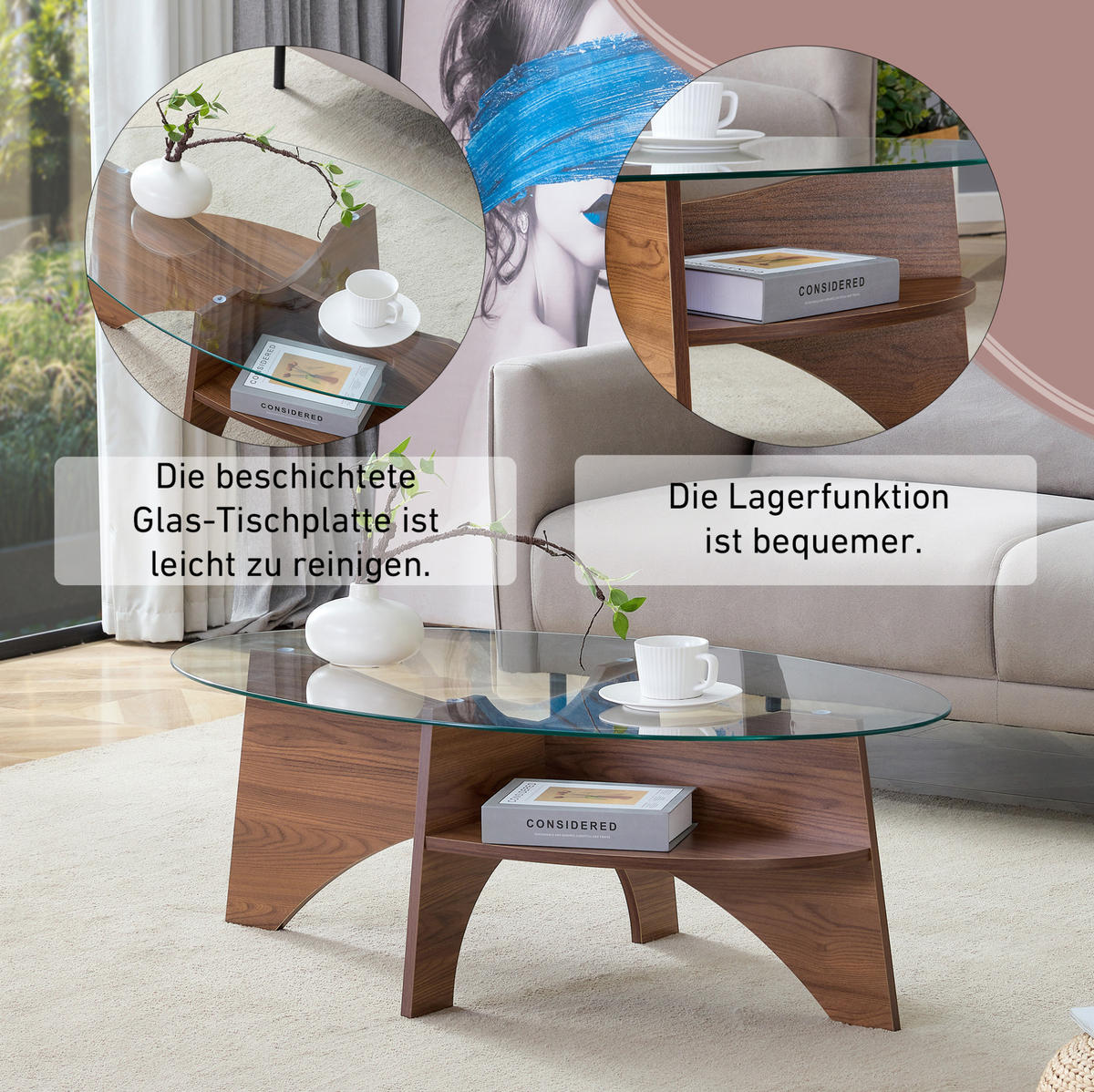 KLUBSKA miza 104,9/60 cm iz MDF in stekla, prozorna/orehova, z odlagalno polico - barve lesa oreha, leseni material (104.9/60/45cm) - BEAOK
