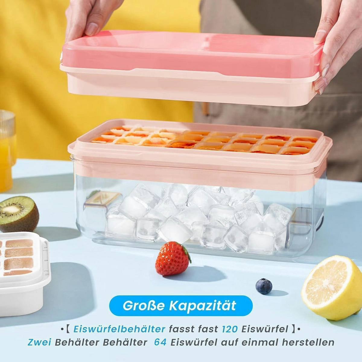 EISWÜRFELFORM mit Deckel und Behälter für 64 Eiswürfel - Rosa, Kunststoff (18.4/13.7/26.1cm)
