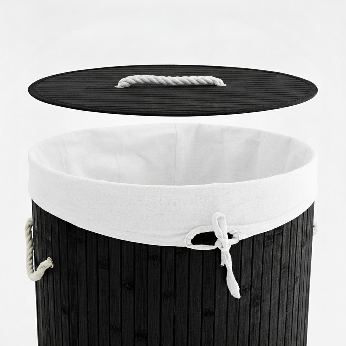 KOŠ ZA PERILO črna bambus okrogel s pokrovom zložljiv 70 l - črna, tekstil/les (41/65/41cm) - Relaxdays