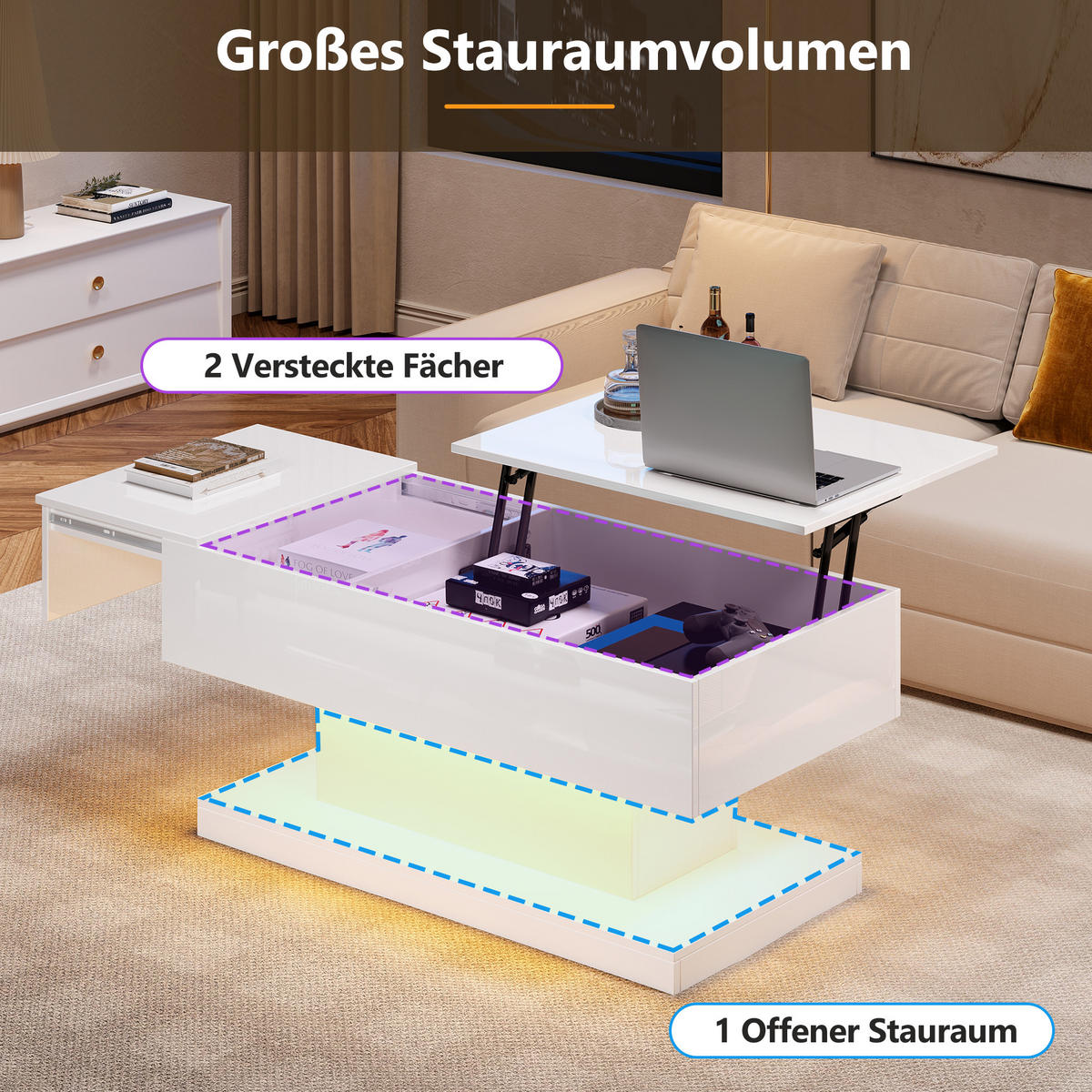 COUCHTISCH Weiß Hochglanz mit Stauraum & Lift-Top - Weiß, Holzwerkstoff/Metall (50/100/45cm) - Urban Meuble