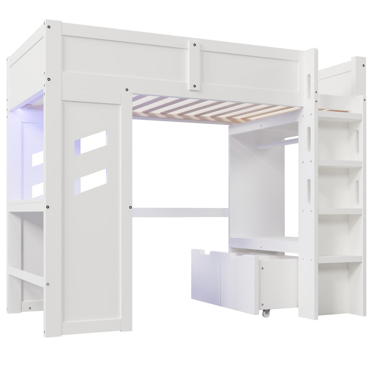 VYSOKÁ posteľ 90/200 cm biela z borovice a MDF s písacím stolom LED osvetlením a zásuvkami - biela, drevo (90/200cm) - OKWISH