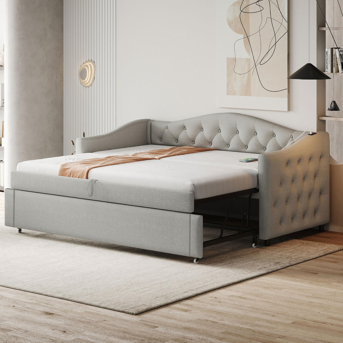 POLSTERBETT 90x200 cm Grau Schlafsofa USB Multifunktion Lattenrost - Grau, Holzwerkstoff - FLIEKS