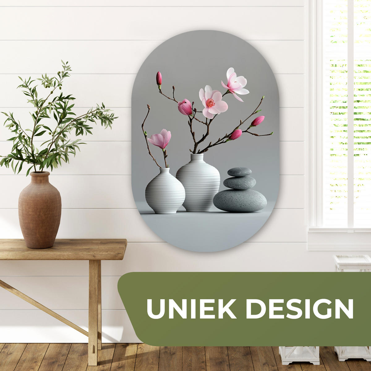 WANDBILD Magnolie - Blumen - Rosa - Zen-Steine Wanddeko Schlafzimmer 60x90 cm - Hellgrau, Kunststoff (60/90cm) - MuchoWow