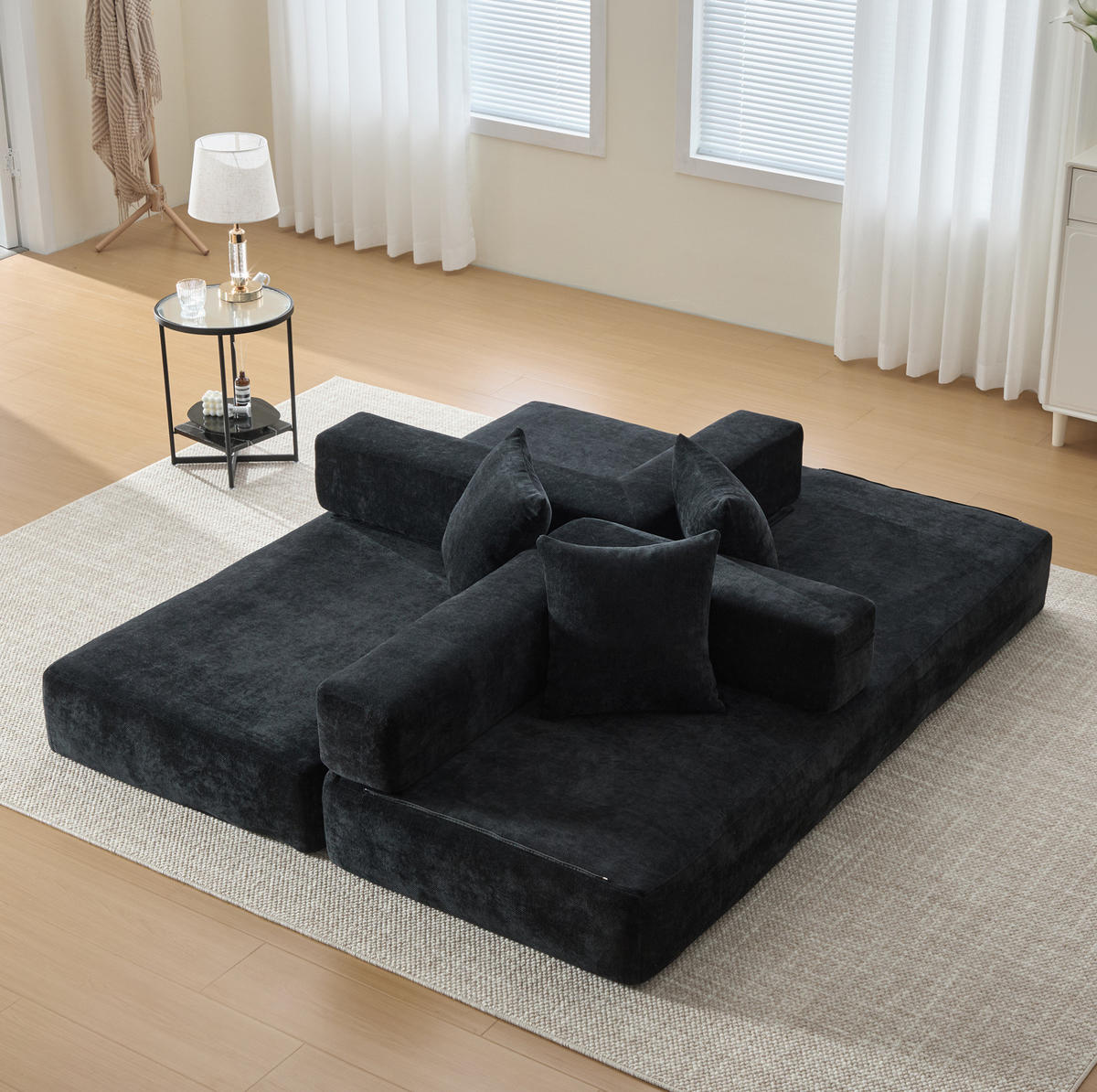 SOFA modular 198 x 79 cm Chenille Black - Schwarz, Kunststoff (31.1/23.62/77.95cm) - Meubliv
