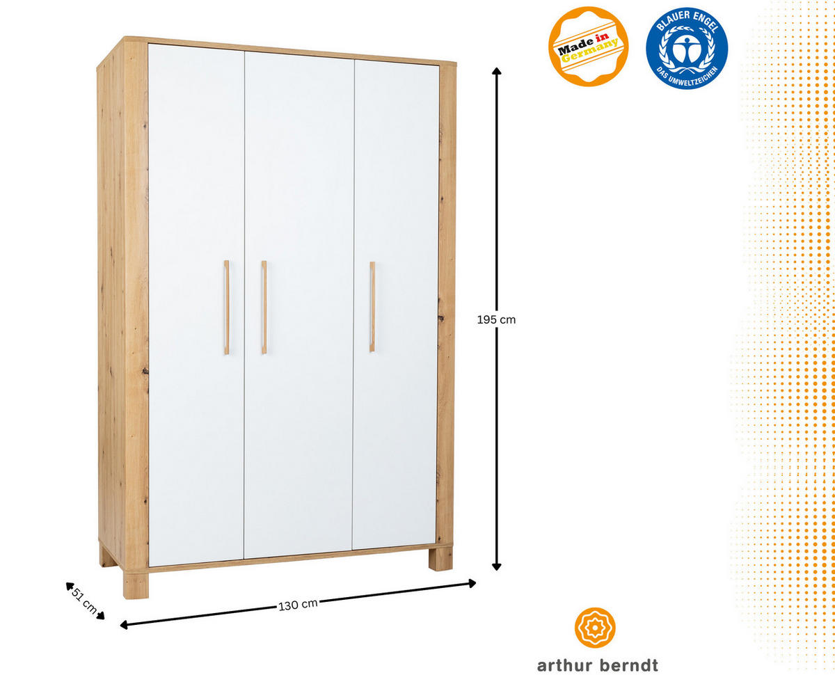 KLEIDERSCHRANK Marlon 130/195/51 cm Oak / Kreideweiß - Weiß/Eiche Artisan, Holzwerkstoff (130/195/51cm) - arthur berndt
