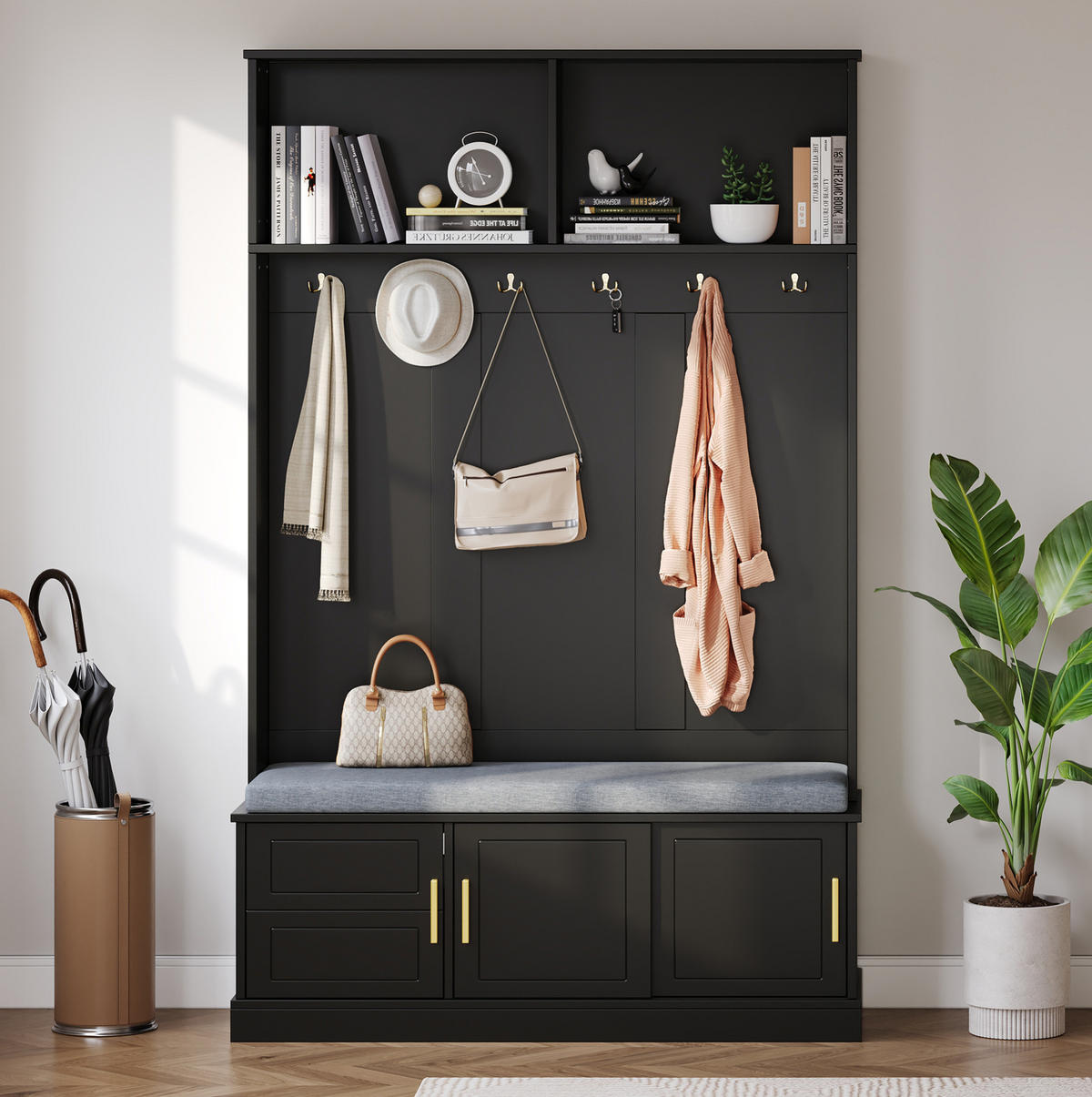 GARDEROBE 120/191/40 cm Schwarz aus Spanplatte mit Sitzbank und Schuhablage - Schwarz, Holzwerkstoff (40/191/120cm) - OKMYHOME