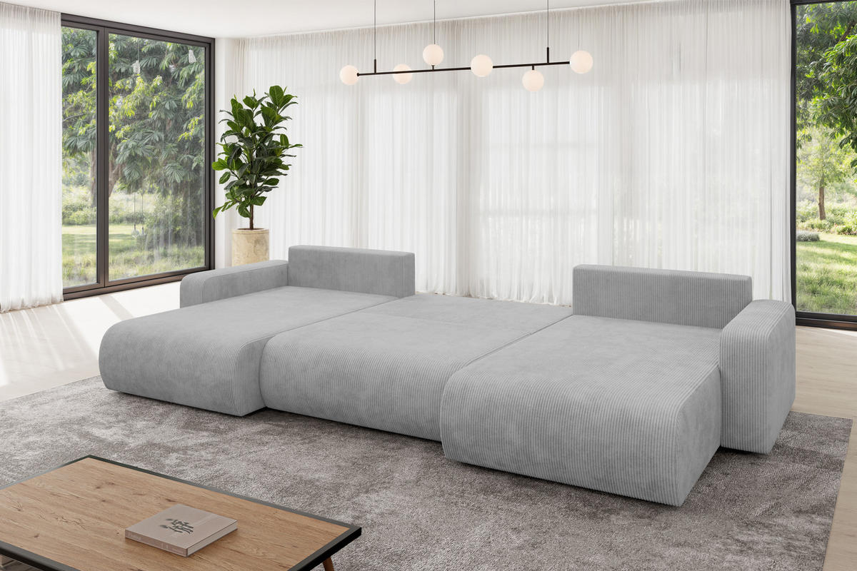 SEDACÍ SOUPRAVA DO U s funkcí spaní a úložným prostorem BERY-U 377x193x88 šedá manšestr - šedá/černá, kompozitní dřevo/textil (377/88/193cm) - ALTDECOR