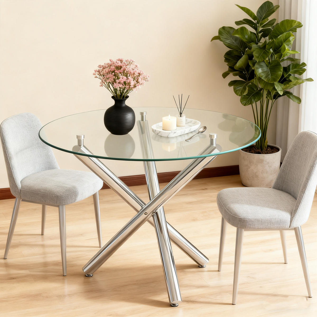ESSTISCH in Silberfarben Küchentisch mit gehärteter Glasplatte und Metallbeinen, moderner Tisch, B80/T80/H76cm - Silberfarben, Glas/Metall (80/80/76cm) - STILVORA