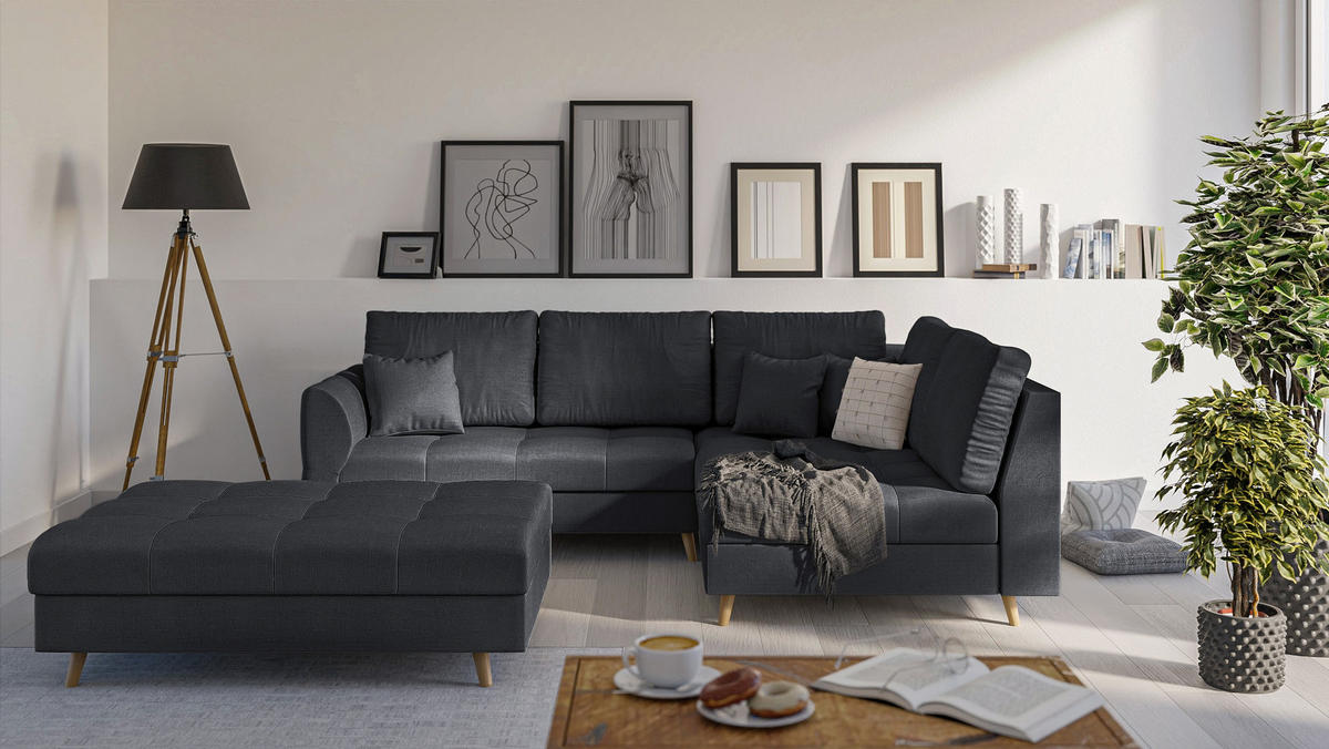 ECKSOFA MIT HOCKER Lorine Mikrofaser Anthrazit - Hellbraun/Anthrazit, Buchenholz/Textil (231/161cm) - S-Style Möbel