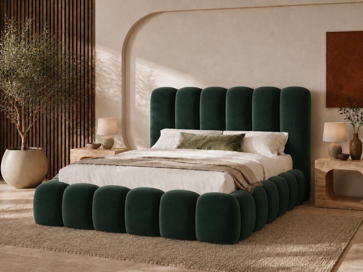 POLSTERBETT MELLOW 140x200 cm in Grün, gepolstertes Kopfteil, Lattenrost, Bettkasten, Velvet-Stoff - Grün, Holz/Textil (140/200cm) - EMLAR Home
