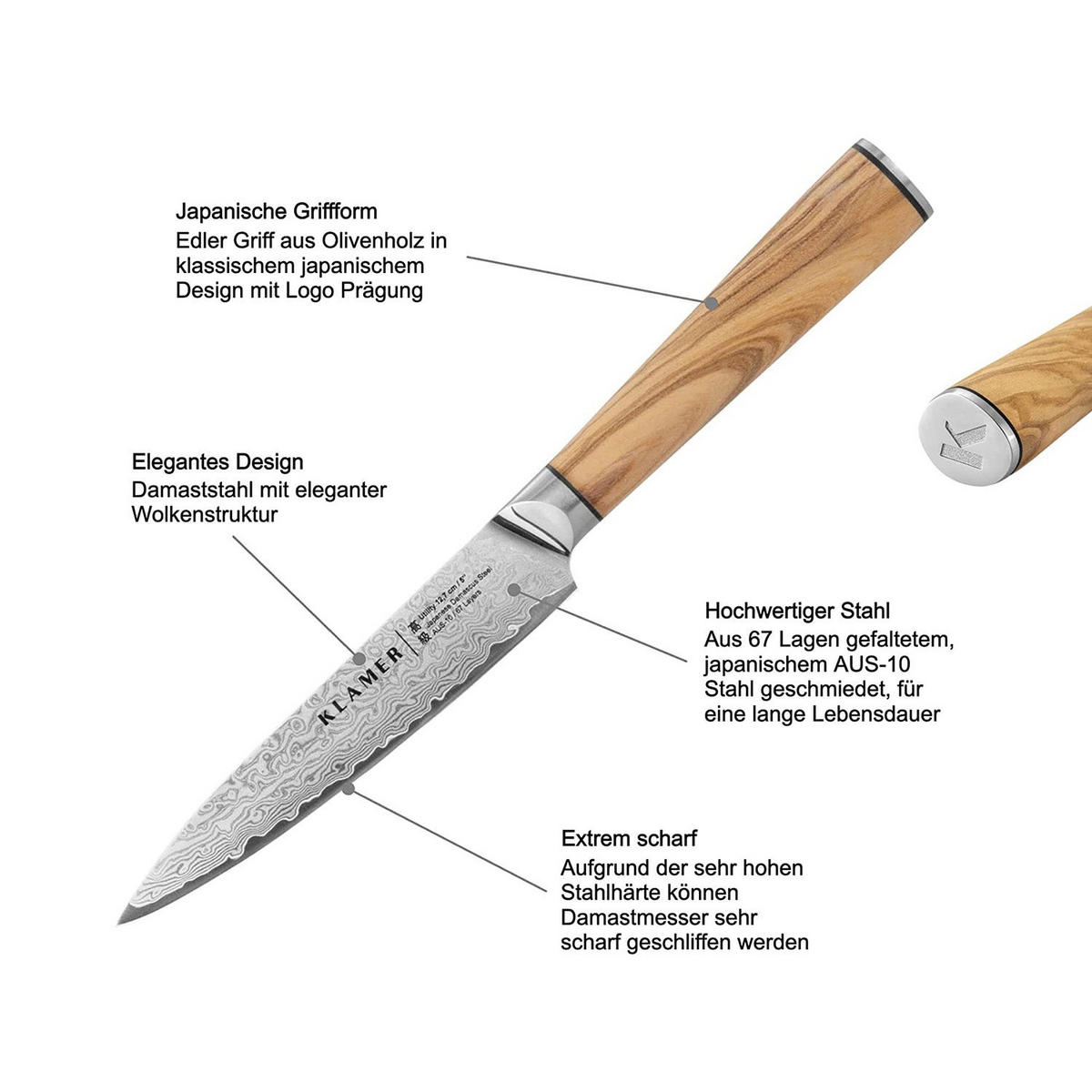 MESSER Damast Allzweckmesser 12,7 cm Olivenholz - Braun, Metall (25cm) - KLAMER