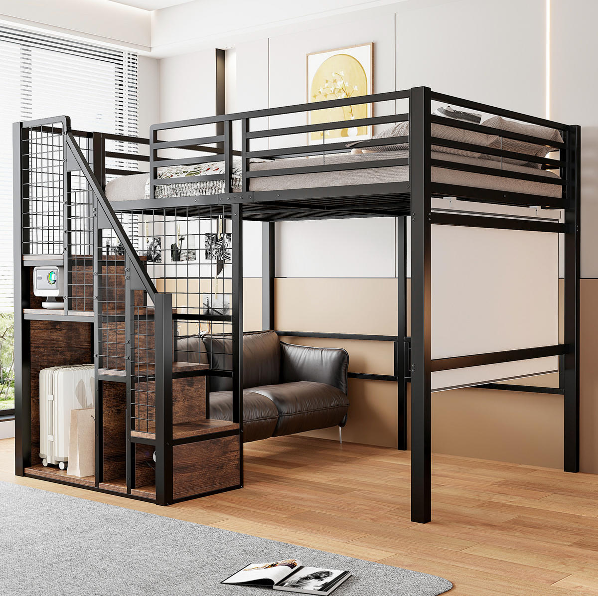 VYSOKÁ posteľ 140/200 cm čierna z kovu a MDF s úložným priestorom a bezpečnostným schodiskom - čierna, kompozitné drevo (140/200cm) - OKWISH