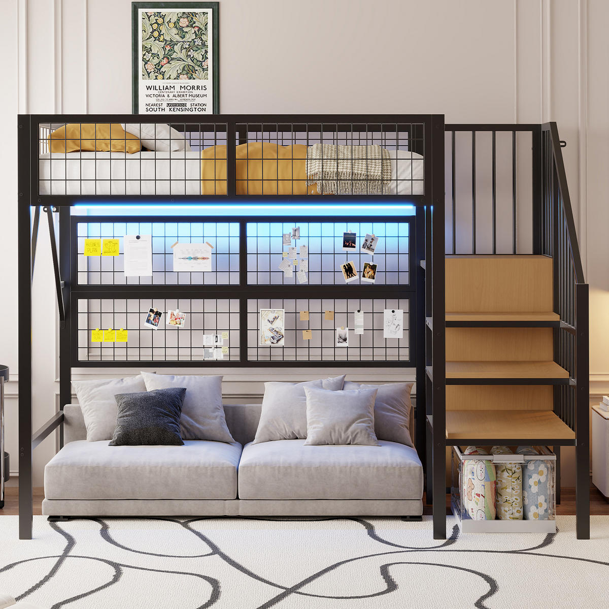 HOCHBETT 90/200 cm Schwarz aus MDF und Metall mit LED-Beleuchtung und Stauraum - Schwarz, Metall (90/200cm) - OKMYHOME
