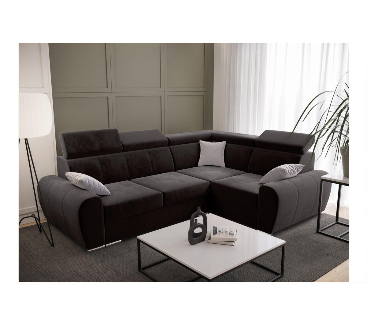 ECKSOFA APOLLO KN08, Eckcouch in L-Form mit Schlaffunktion, Farbe: Dunkelgrau, Velourstoff, Ottomane Rechts - Dunkelgrau, Textil (255/190cm) - O-Sofa