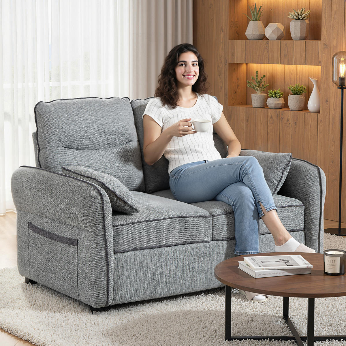 SOFA, 2-Sitzer, ägyptischer Samt, 2 Kissen, Seitentasche, grau, 136x81x90cm - Multicolor, Holzwerkstoff (136/90/81cm) - FORIOUS