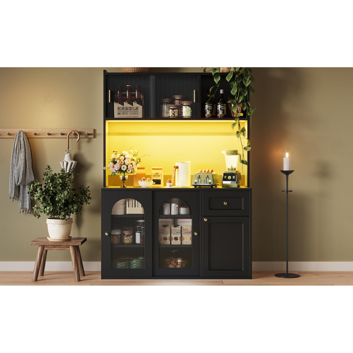 KÜCHENSCHRANK 120x35x167 cm, LED-Beleuchtung, Glastüren, verstellbare Einlegeböden, Schwarz - Schwarz, Holzwerkstoff (120/167/35cm) - FOHERE