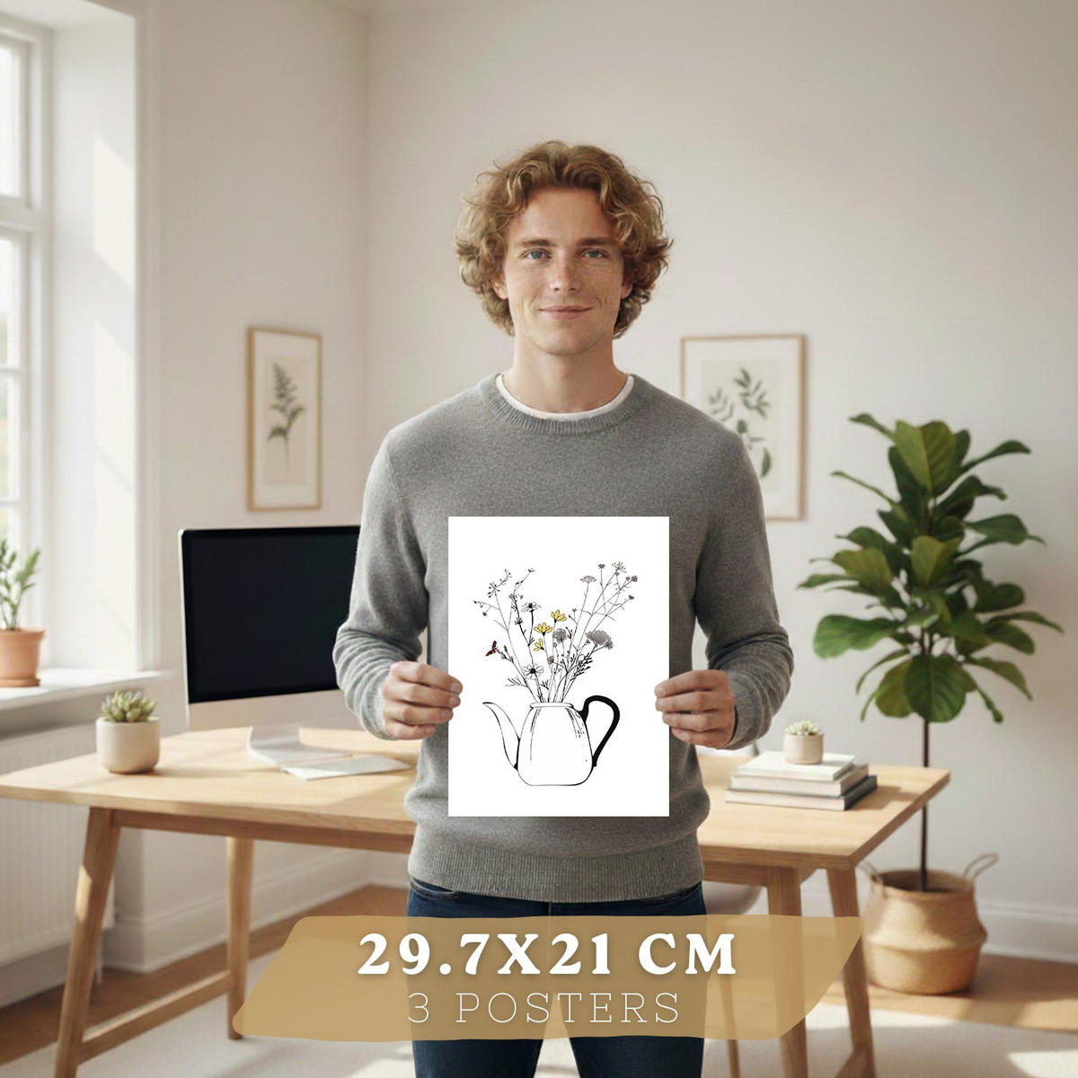 PLAKAT Sada 3 Kávovar a šálky A4 Černý rám - černá, papír (29.7/1/21cm) - Nacnic