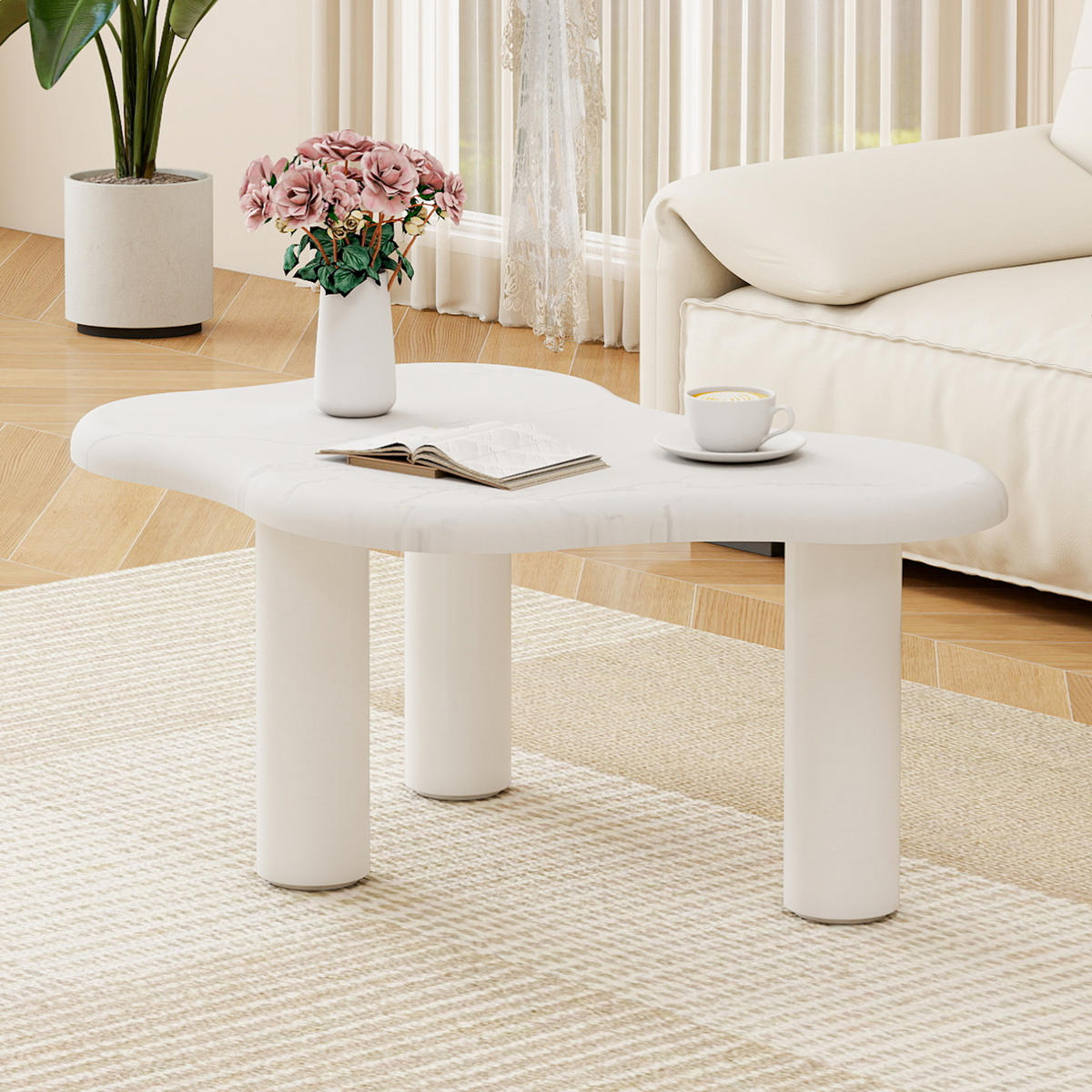 COUCHTISCH 90/62/40 cm weiß aus Holzwerkstoff in Marmoroptik mit wolkenförmiger Tischplatte - Weiß, Holzwerkstoff (90.8/62.5/40cm) - OKWISH