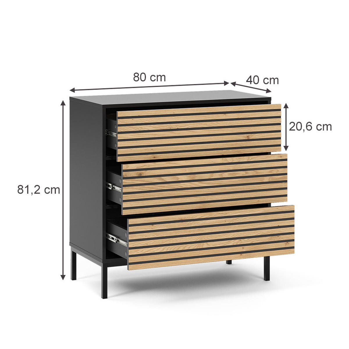 KOMMODE Eliza Schwarz/Eiche 80 x 81.2 cm 2 Schubladen - Honigeiche/Anthrazit, Holzwerkstoff (80/81.2/40cm) - Vicco