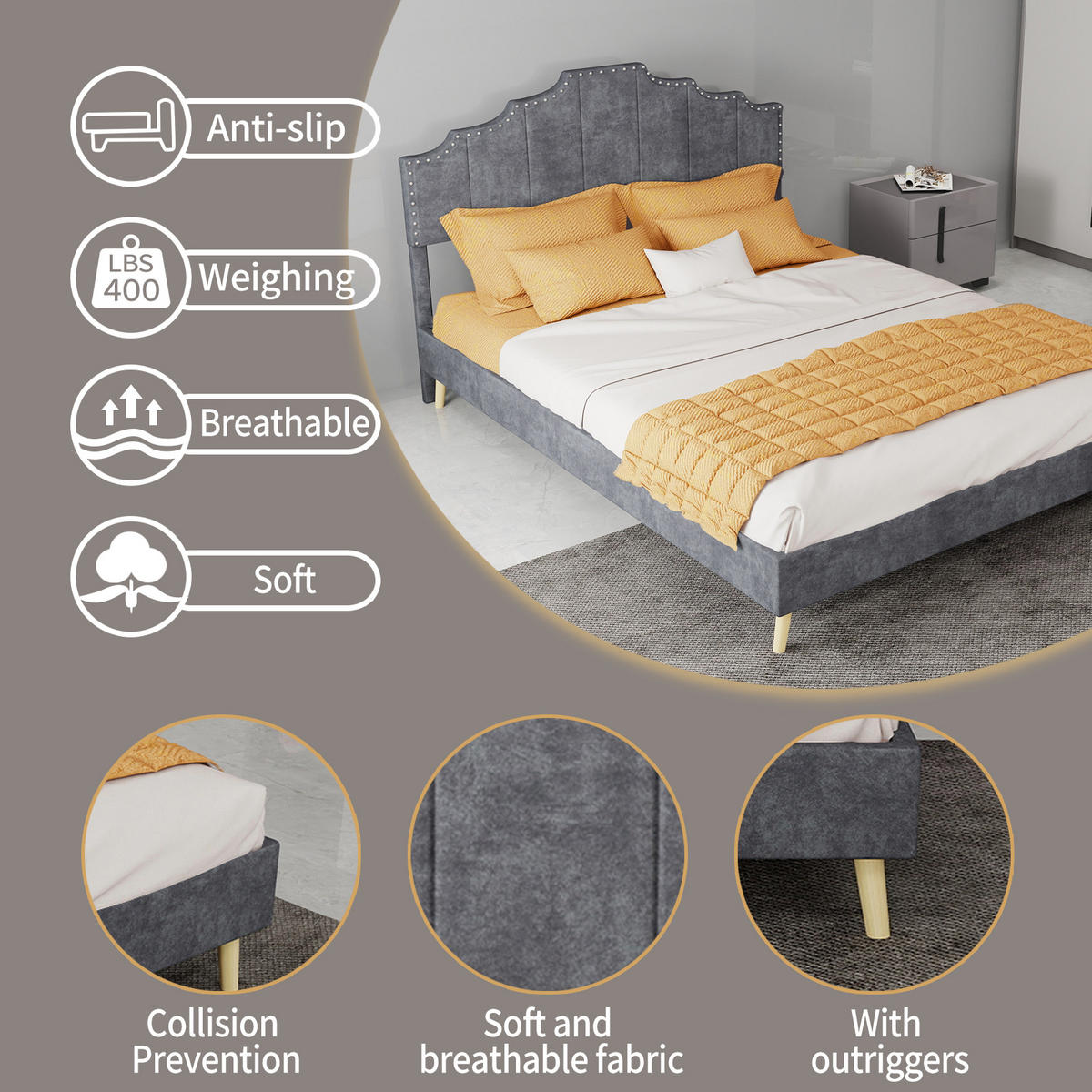 POLSTERBETT 140/200 cm DE-35412 mit weichem Kopfteil Grau - Grau, Metall (140/200cm) - ComfortXL