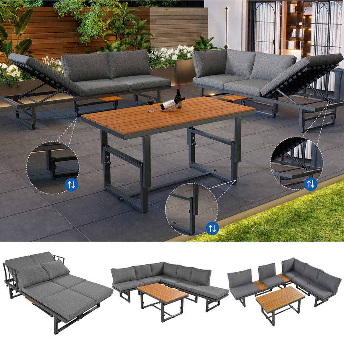 GARTENLOUNGE-SET GRAU 3-teilig mit 2 Sofas Akazienholz verstellbarer Lehne inkl. Kissen - Grau, Textil - BLACKCUP