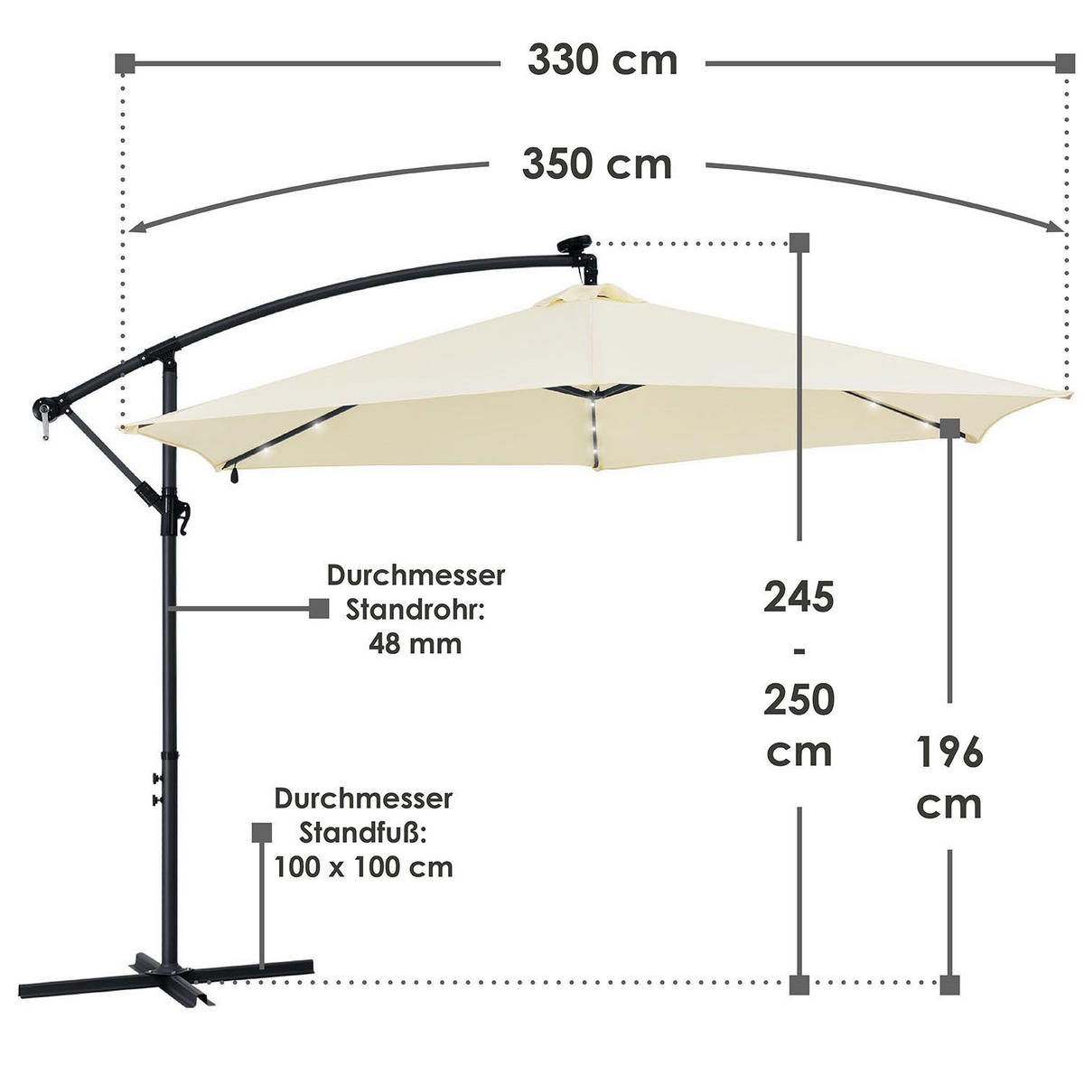AMPELSCHIRM Brazil dunkelgrau/creme 3,5m mit LED, Kurbel und Standfuß - Creme, Metall (330/330cm) - Juskys