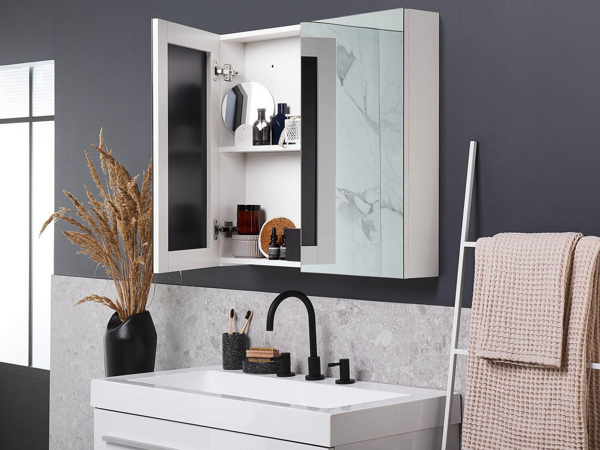 BAD SPIEGELSCHRANK weiß/silber 80/70 cm Navarra - Silberfarben/Weiß, Holz (80/70/14cm) - Beliani