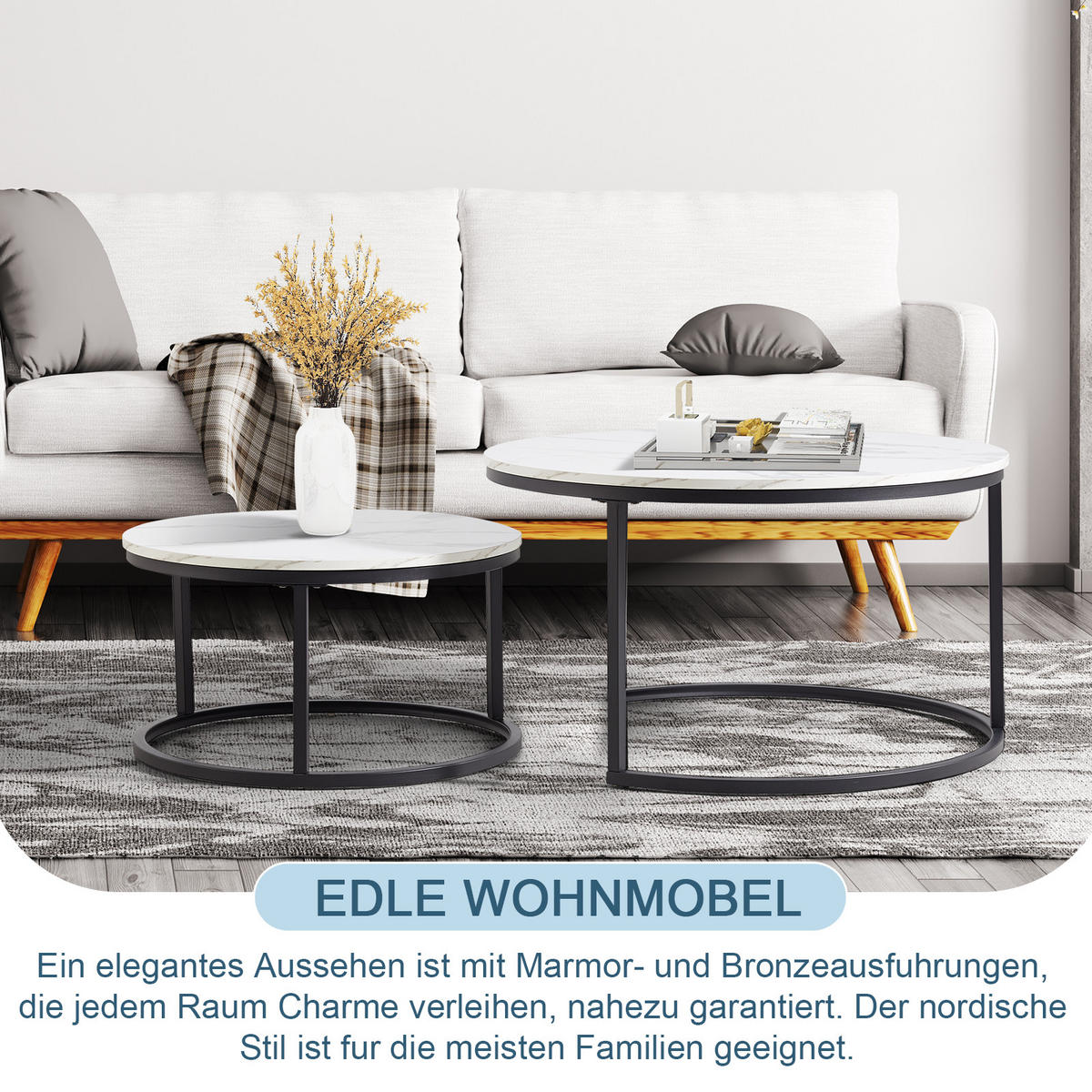 COUCHTISCH-SET mit Marmoreffekt und Metallrahmen Basis, Stapelbarer Beistelltisch Set 80/80/45 cm + 60/60/33,5 cm, Weiß und Schwarz - Weiß, Holzwerkstoff (80/80/45cm) - Redom