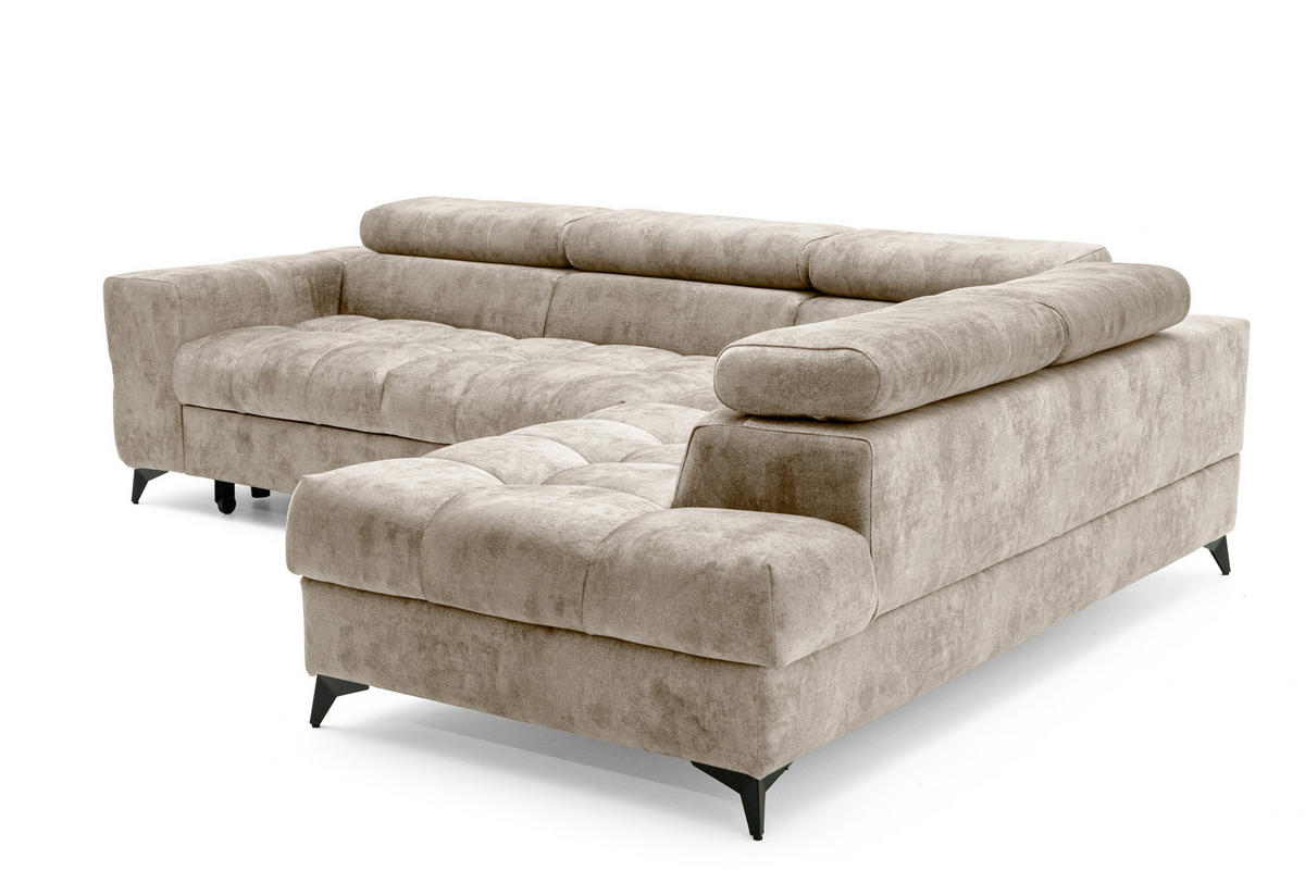 ECKSOFA PUDDING L Rechts mit Schlaffunktion 128x197 Velours Beige - Beige/Schwarz, Holz/Textil (204/270cm) - Muffo