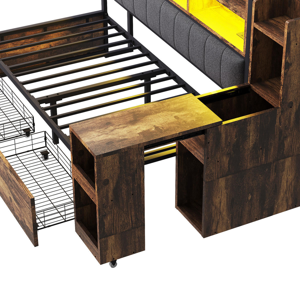 STAURAUMBETT 90/200 cm DE-01458, in Holzfarbe, mit LED, Schreibtisch und Steckdose - Naturfarben, Metall (90/200cm) - ComfortXL